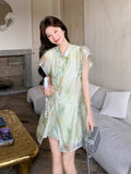 Turquoise 2-Piece Gradient Print Cheongsam Set