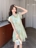 Turquoise 2-Piece Gradient Print Cheongsam Set