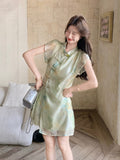 Turquoise 2-Piece Gradient Print Cheongsam Set