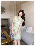 Turquoise 2-Piece Gradient Print Cheongsam Set