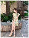 Turquoise 2-Piece Gradient Print Cheongsam Set