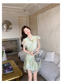 Turquoise 2-Piece Gradient Print Cheongsam Set