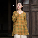 Vivace Plaid Linen Long Sleeve Cheongsam Top