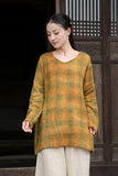 Vivace Plaid Linen Long Sleeve Cheongsam Top