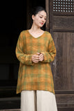 Vivace Plaid Linen Long Sleeve Cheongsam Top