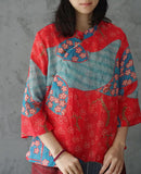 Red Sakura Print Cheongsam Top